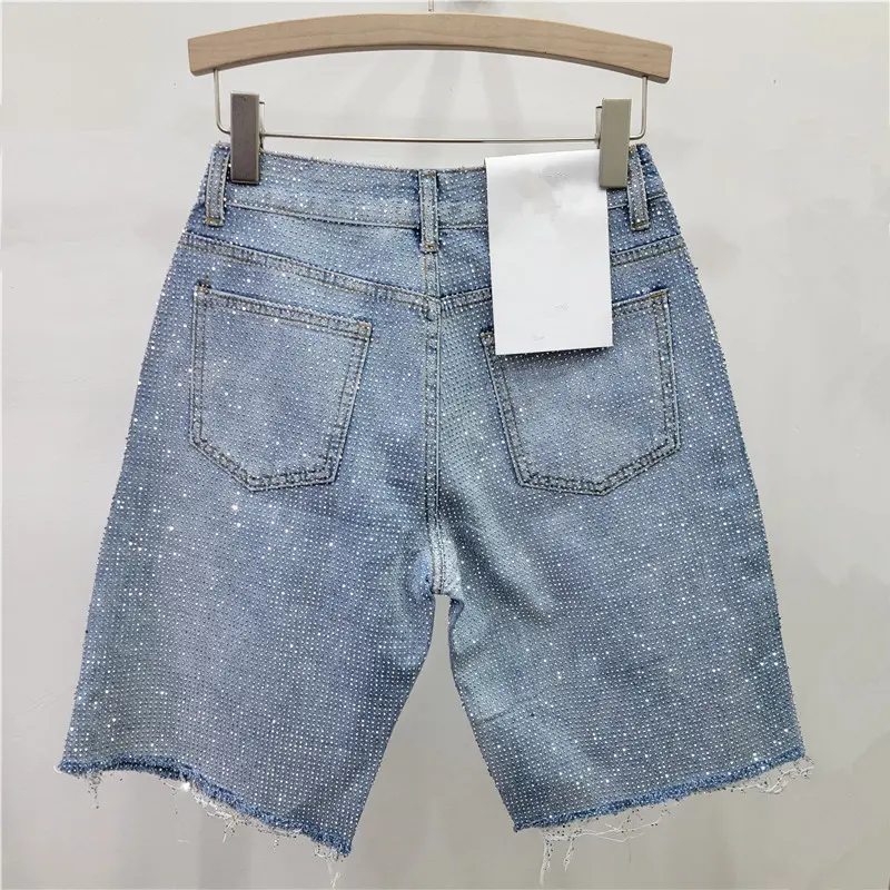 Denim Shorts Women Short Pants Diamonds High Waist Distressed Washed Y2k Punk Knee Length Streetwear Summer 2025 Straight Jeans