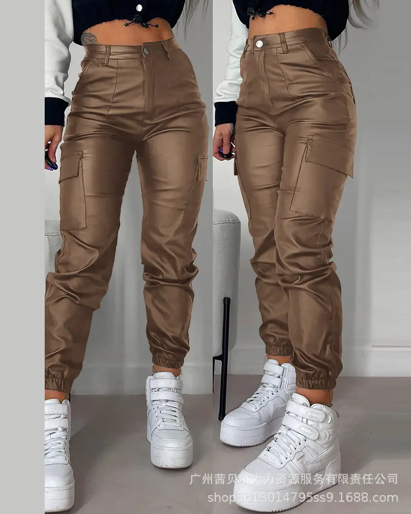 2023 Women Leather Pants Pencil Multiple Pockets Tight Pu Pants Solid Color Button Classic Leather Slim Trousers Female Autumn