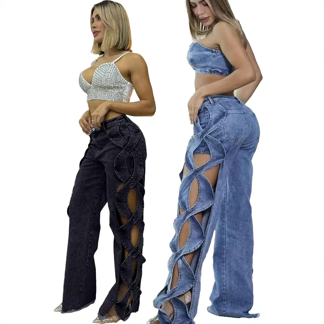 Denim Pant Women Jeans Long Pants Hollowed Out High Waist Straight Trousers Y2k Streetwear Casual Mom Jeans Night Club Summer