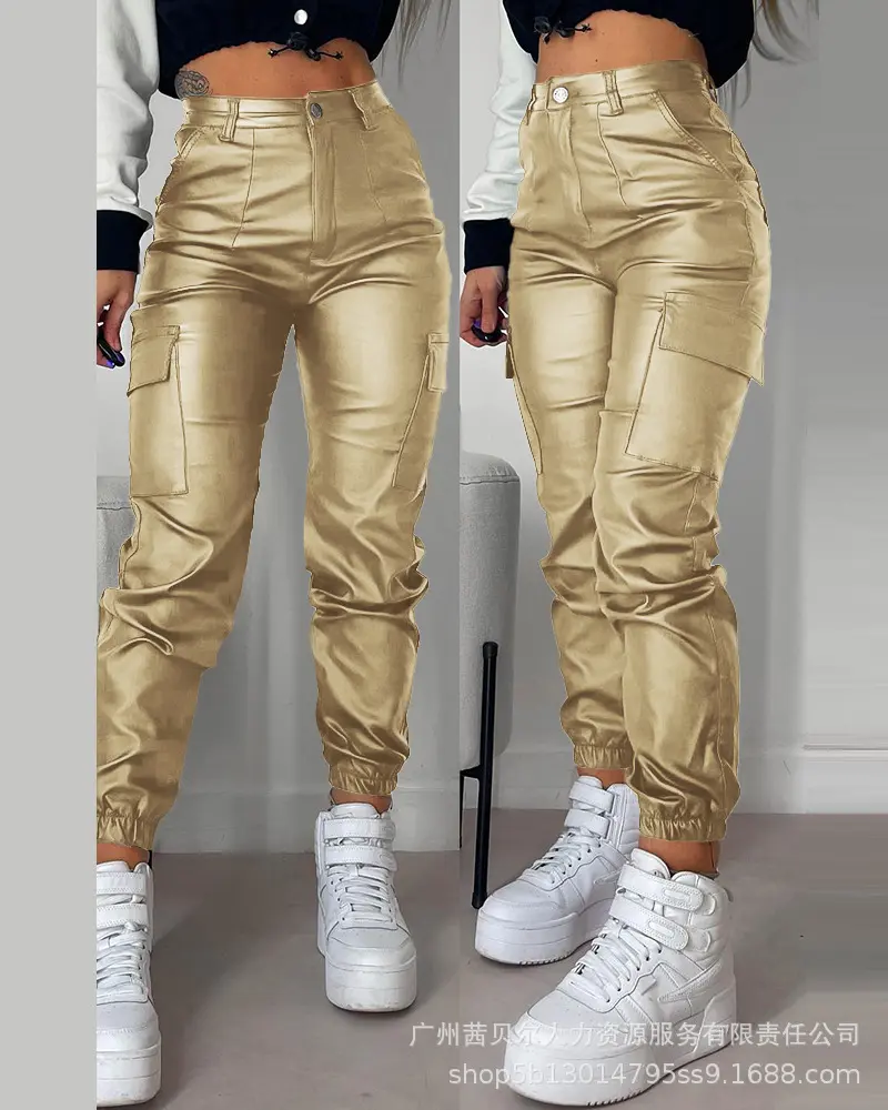 2023 Women Leather Pants Pencil Multiple Pockets Tight Pu Pants Solid Color Button Classic Leather Slim Trousers Female Autumn