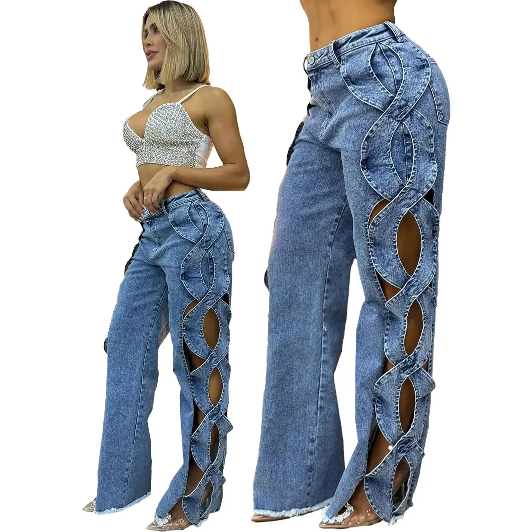 Denim Pant Women Jeans Long Pants Hollowed Out High Waist Straight Trousers Y2k Streetwear Casual Mom Jeans Night Club Summer