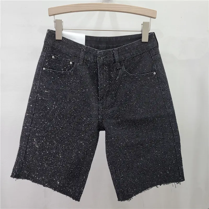 Denim Shorts Women Short Pants Diamonds High Waist Distressed Washed Y2k Punk Knee Length Streetwear Summer 2025 Straight Jeans