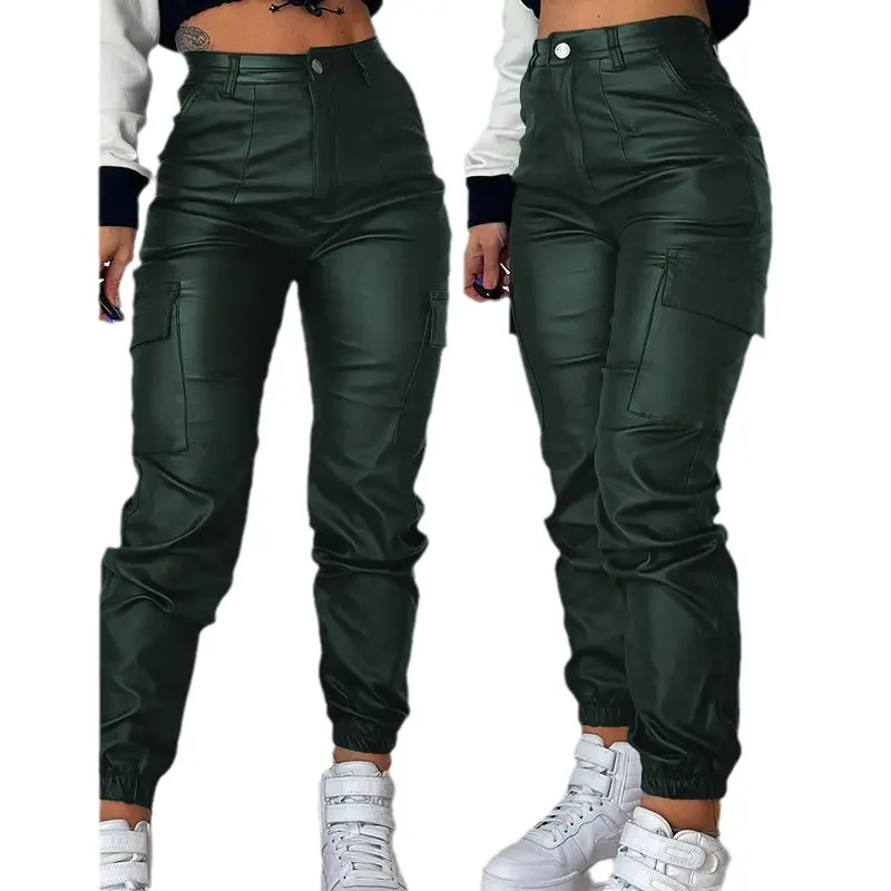 2023 Women Leather Pants Pencil Multiple Pockets Tight Pu Pants Solid Color Button Classic Leather Slim Trousers Female Autumn
