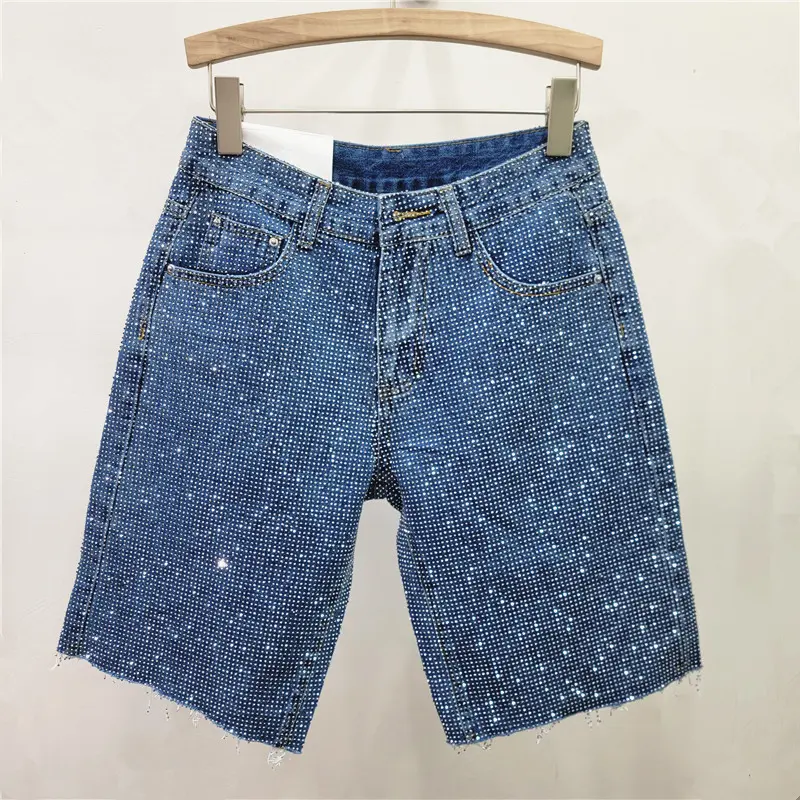 Denim Shorts Women Short Pants Diamonds High Waist Distressed Washed Y2k Punk Knee Length Streetwear Summer 2025 Straight Jeans