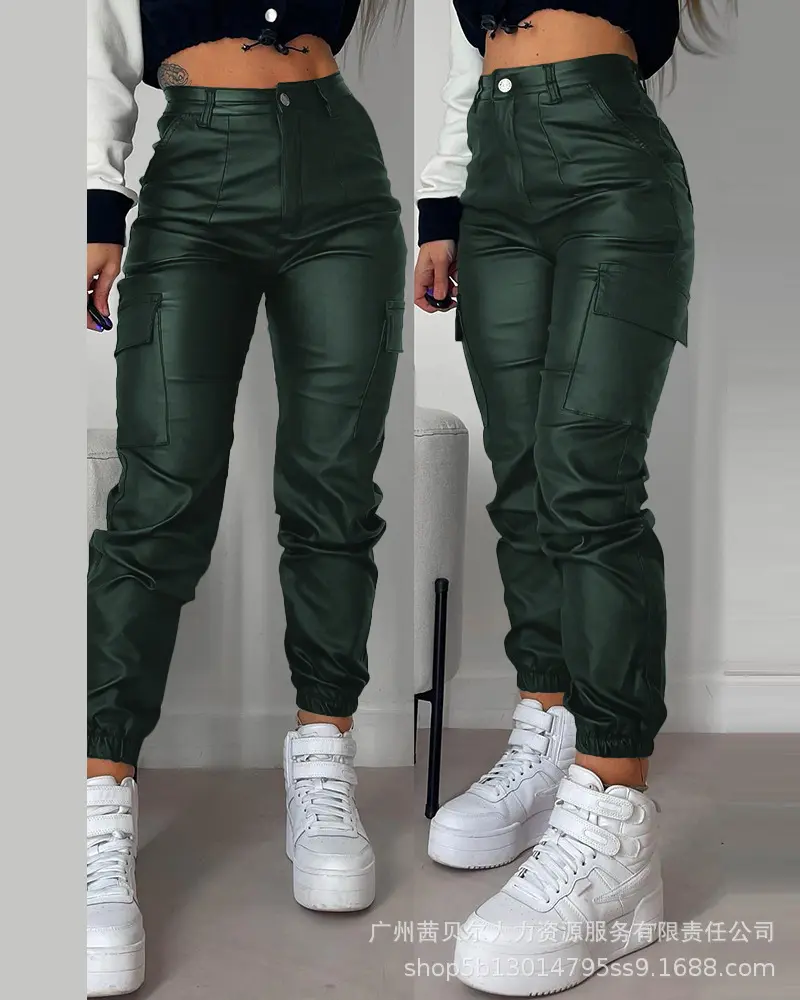 2023 Women Leather Pants Pencil Multiple Pockets Tight Pu Pants Solid Color Button Classic Leather Slim Trousers Female Autumn