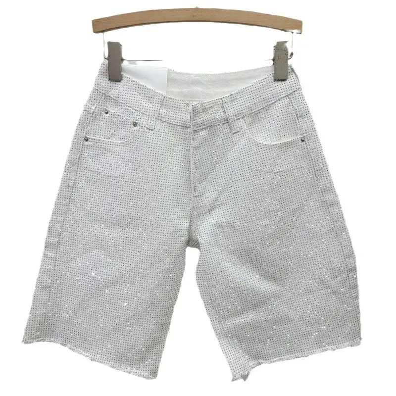 Denim Shorts Women Short Pants Diamonds High Waist Distressed Washed Y2k Punk Knee Length Streetwear Summer 2025 Straight Jeans