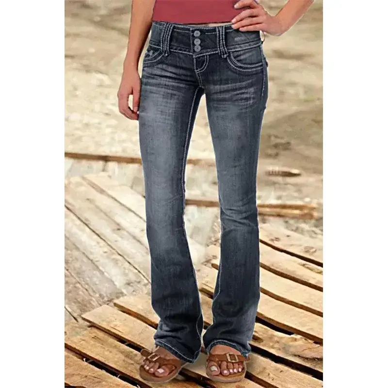 Mid Waist Flared Jeans Women Button Casual Straight Leg Pants New 2023 Summer Pocket Hole Female Loose Office Lady Slim Pants