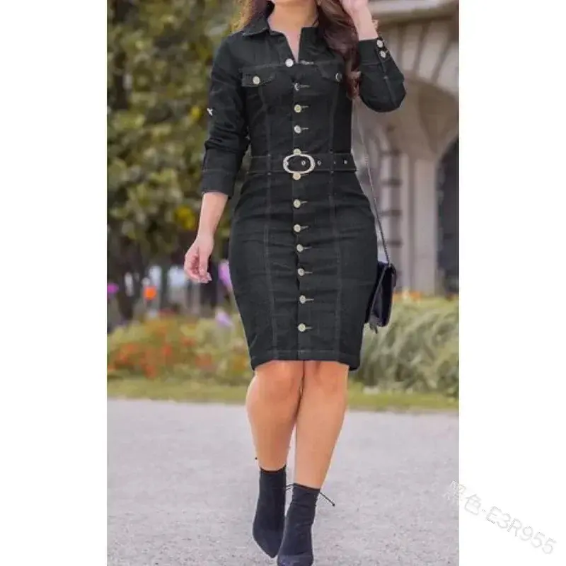Denim Dress Women Lapel Slim Elegant Pencil Dresses Long Sleeve High Waist Singl-Breasted Jeans Vestidos Largos Mujer Mo Jeans