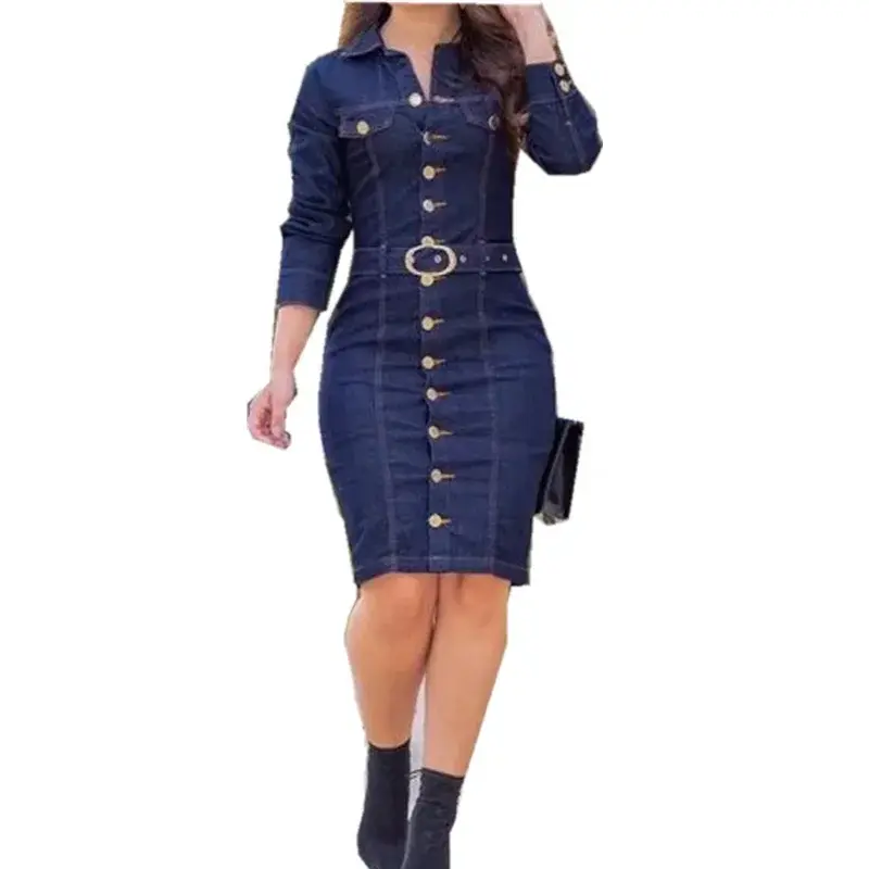 Denim Dress Women Lapel Slim Elegant Pencil Dresses Long Sleeve High Waist Singl-Breasted Jeans Vestidos Largos Mujer Mo Jeans