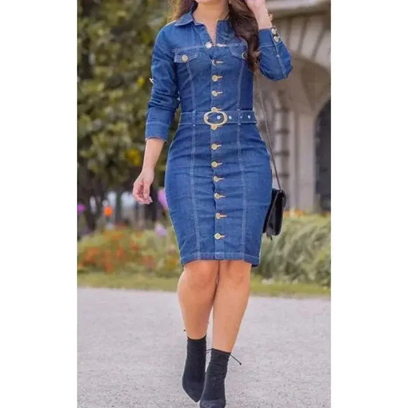 Denim Dress Women Lapel Slim Elegant Pencil Dresses Long Sleeve High Waist Singl-Breasted Jeans Vestidos Largos Mujer Mo Jeans