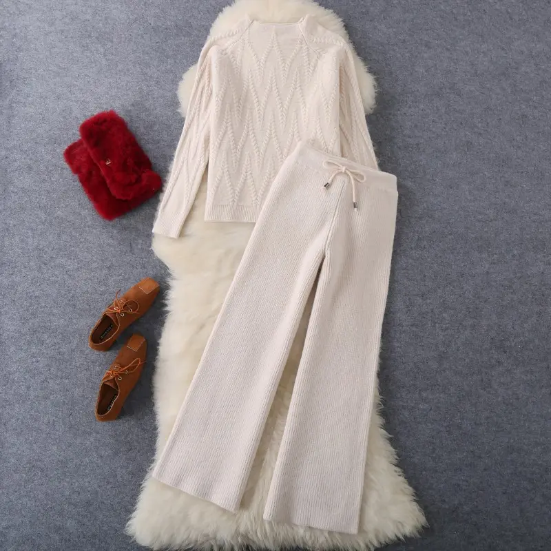 Women Tracksuit Thick Sweater Autumn Winter Knitted Two Piece Set Top+Knitted wide leg Pant Warm Sweater Elastic Trousers Suits