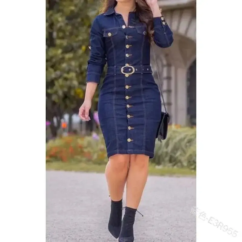 Denim Dress Women Lapel Slim Elegant Pencil Dresses Long Sleeve High Waist Singl-Breasted Jeans Vestidos Largos Mujer Mo Jeans