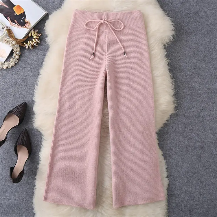 Women Tracksuit Thick Sweater Autumn Winter Knitted Two Piece Set Top+Knitted wide leg Pant Warm Sweater Elastic Trousers Suits