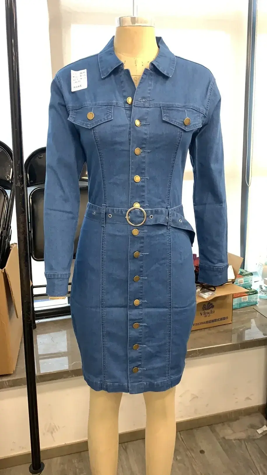 Denim Dress Women Lapel Slim Elegant Pencil Dresses Long Sleeve High Waist Singl-Breasted Jeans Vestidos Largos Mujer Mo Jeans