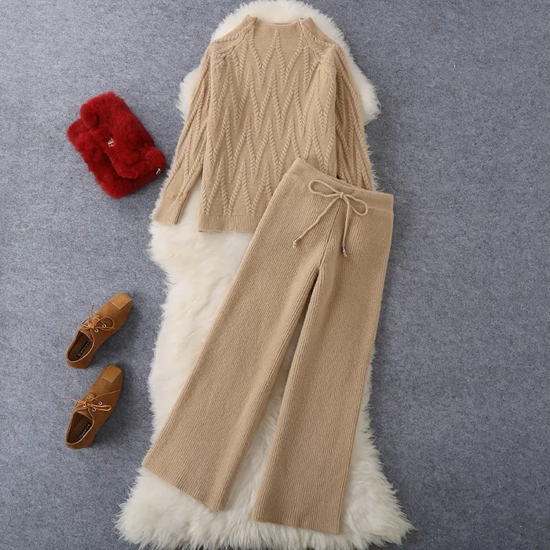 Women Tracksuit Thick Sweater Autumn Winter Knitted Two Piece Set Top+Knitted wide leg Pant Warm Sweater Elastic Trousers Suits