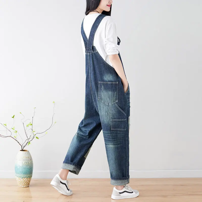Women Jean Ripped Hole Overalls Ankle Length Denim Pants One Piece Distressed Jeans High Street Spliced Loose Washed Vintage