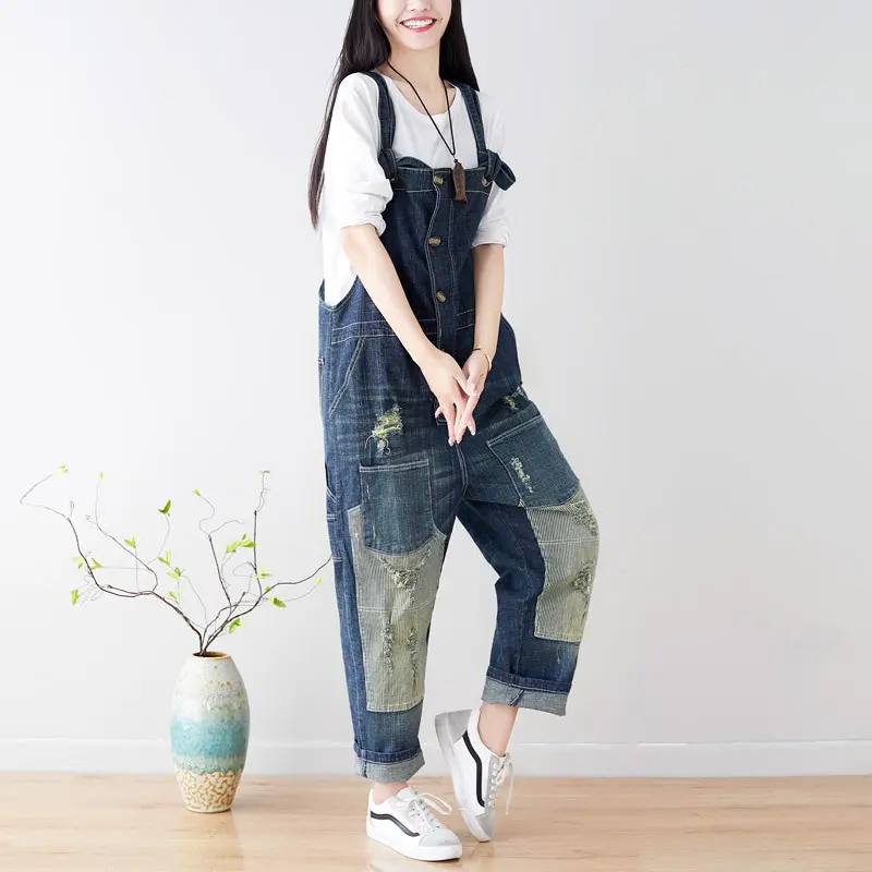 Women Jean Ripped Hole Overalls Ankle Length Denim Pants One Piece Distressed Jeans High Street Spliced Loose Washed Vintage