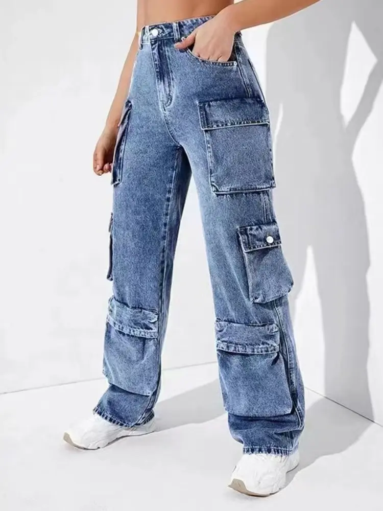 Women Jeans Zipper Fly Flat Cargo Pants Denim Pockets Clamshell High Waist Loose Mom Jeans Winter Clamshell Streewear Color