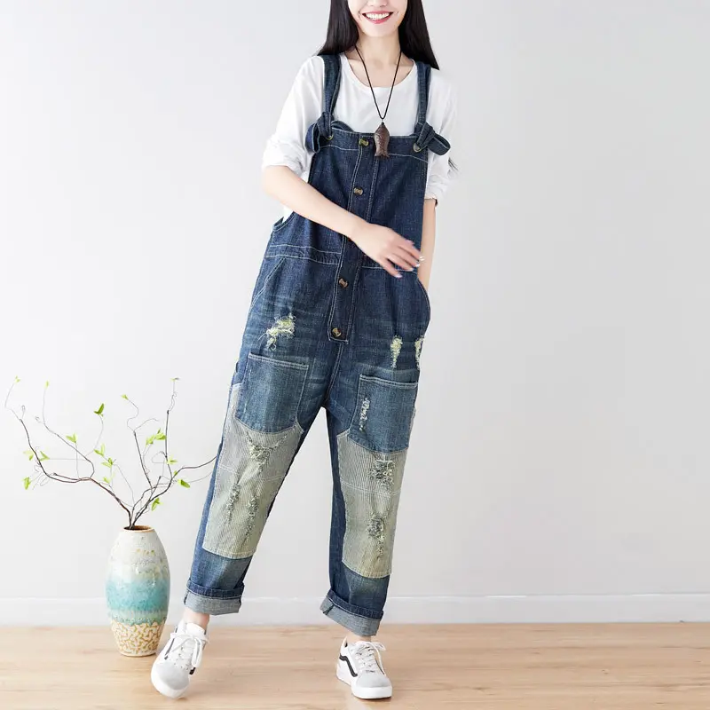 Women Jean Ripped Hole Overalls Ankle Length Denim Pants One Piece Distressed Jeans High Street Spliced Loose Washed Vintage