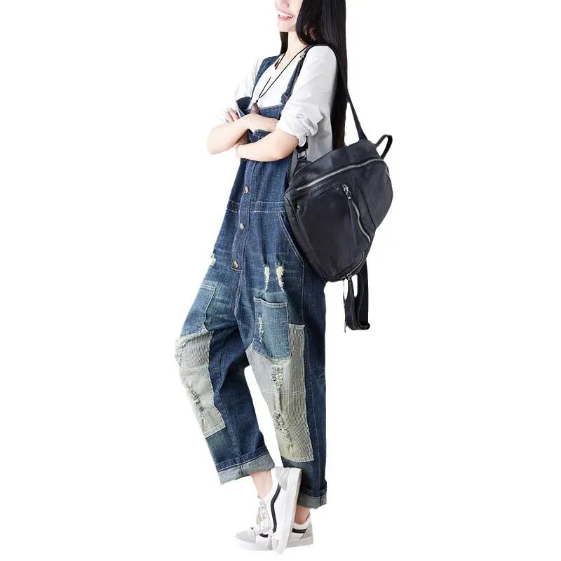 Women Jean Ripped Hole Overalls Ankle Length Denim Pants One Piece Distressed Jeans High Street Spliced Loose Washed Vintage