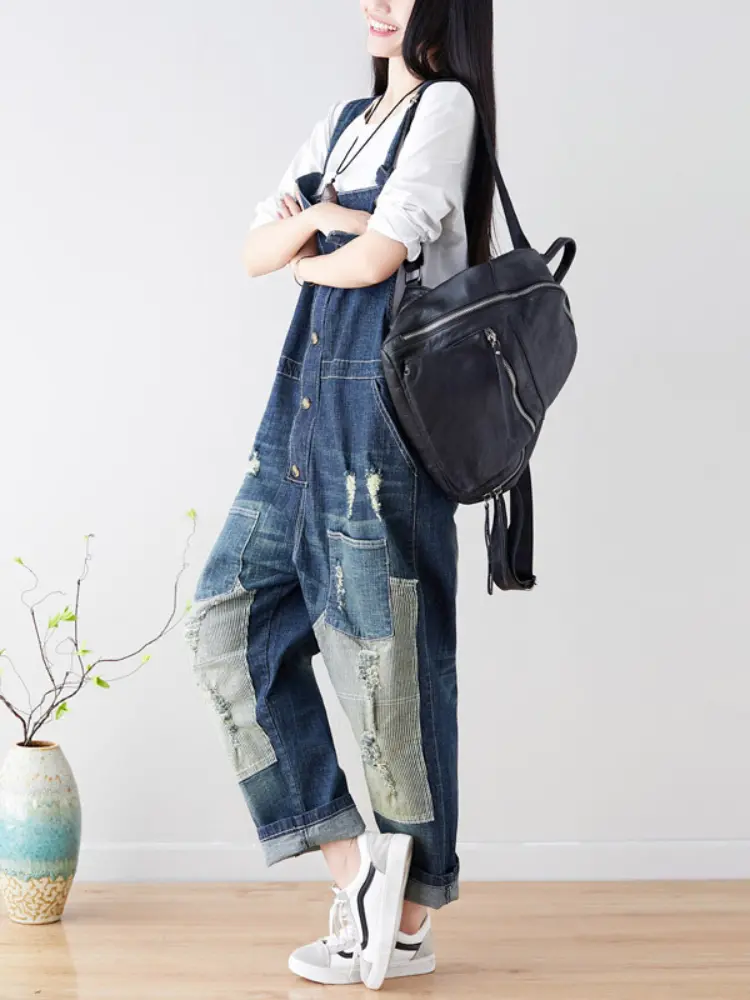 Women Jean Ripped Hole Overalls Ankle Length Denim Pants One Piece Distressed Jeans High Street Spliced Loose Washed Vintage