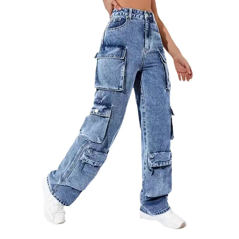 Women Jeans Zipper Fly Flat Cargo Pants Denim Pockets Clamshell High Waist Loose Mom Jeans Winter Clamshell Streewear Color
