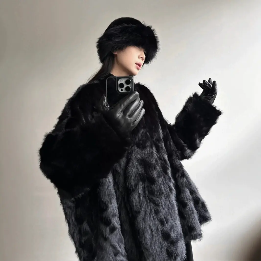 Faux Fur Women Coats Bat Sleeve Mid Length Coat Thick Warm Y2k Streetwear Elegant Jackets Open Stitch Outerwear Autumn Winter