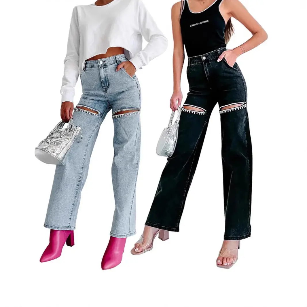 Denim Jeans for Women Streetwear Straight Pants Hole Diamonds Mid Waist Washed Distressed 2025 Casual Mom Ankle Length Trousers