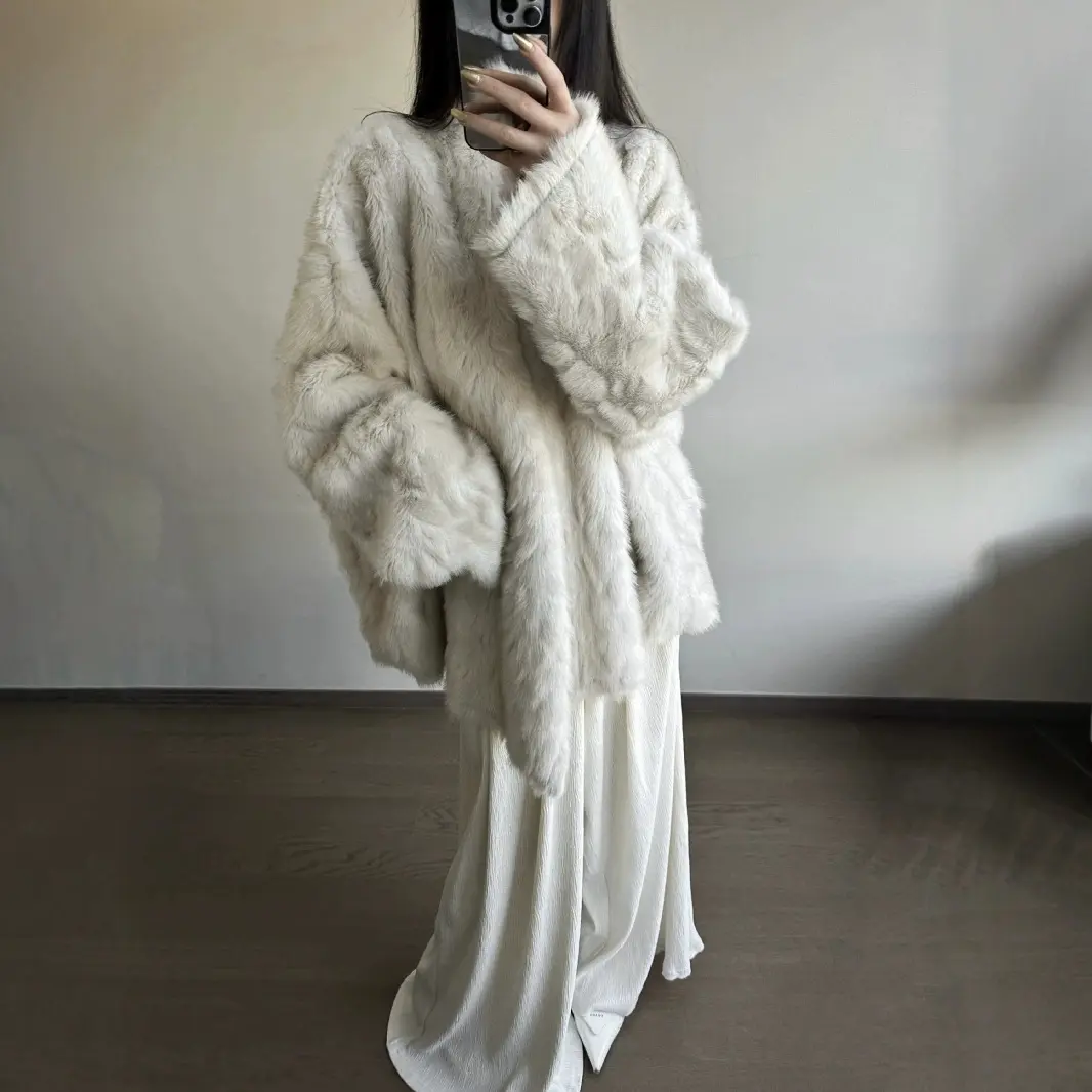 Faux Fur Women Coats Bat Sleeve Mid Length Coat Thick Warm Y2k Streetwear Elegant Jackets Open Stitch Outerwear Autumn Winter