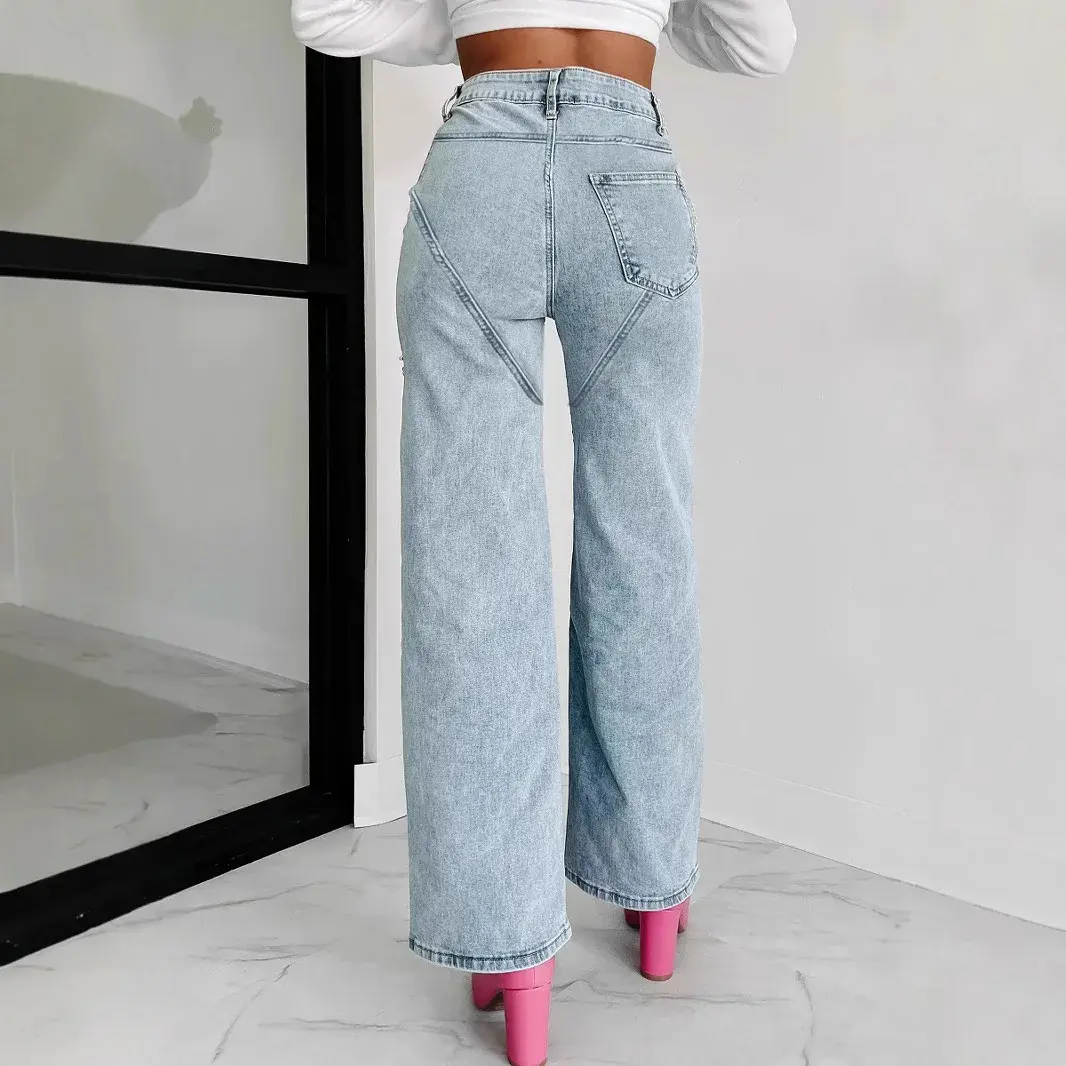 Denim Jeans for Women Streetwear Straight Pants Hole Diamonds Mid Waist Washed Distressed 2025 Casual Mom Ankle Length Trousers