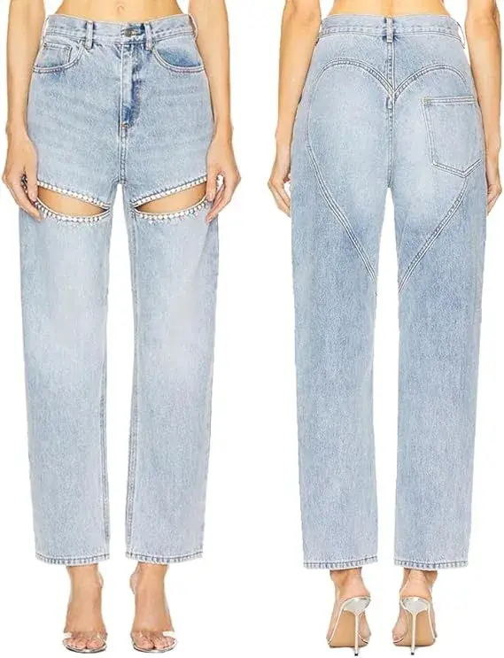 Denim Jeans for Women Streetwear Straight Pants Hole Diamonds Mid Waist Washed Distressed 2025 Casual Mom Ankle Length Trousers