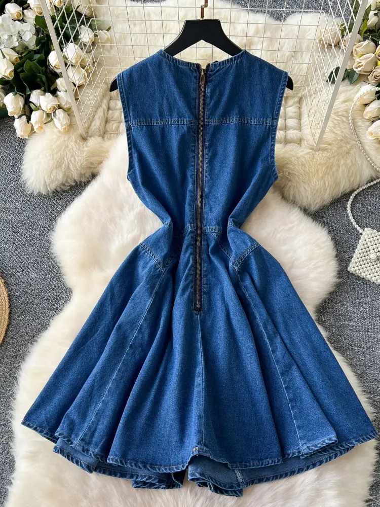 Mini Dress Women Denim Vest Dresses A Line Vestidos Mom Jeans Sleeveless Elegant Y2k High Waist Party Club Single Breasted 2025