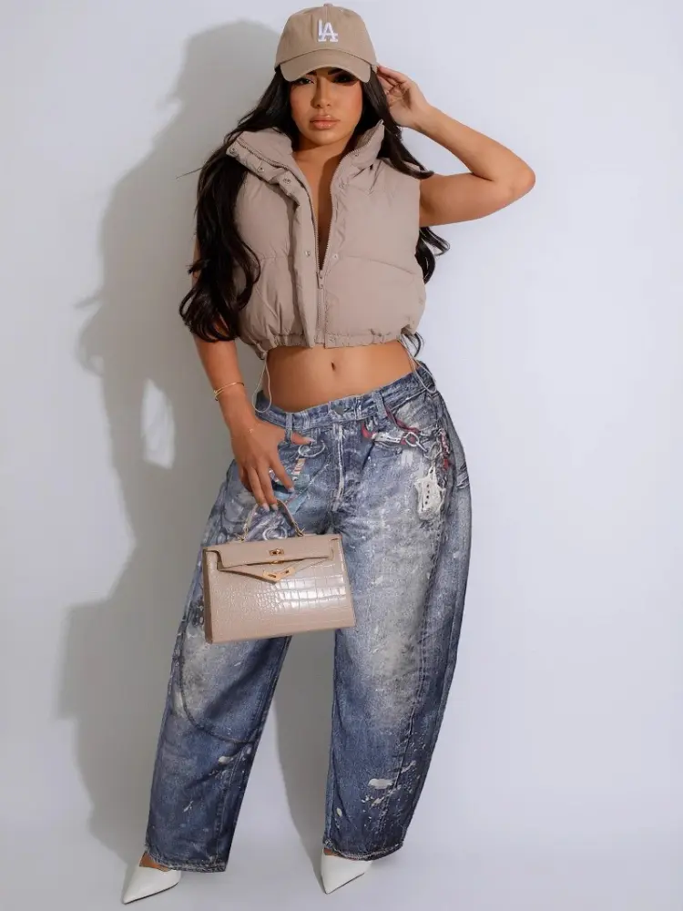Denim Pant Women Jeans Chain Print Wide Leg Long Pants High Waist Straight Trousers Y2k Streetwear Elegant Splice Casual 2025