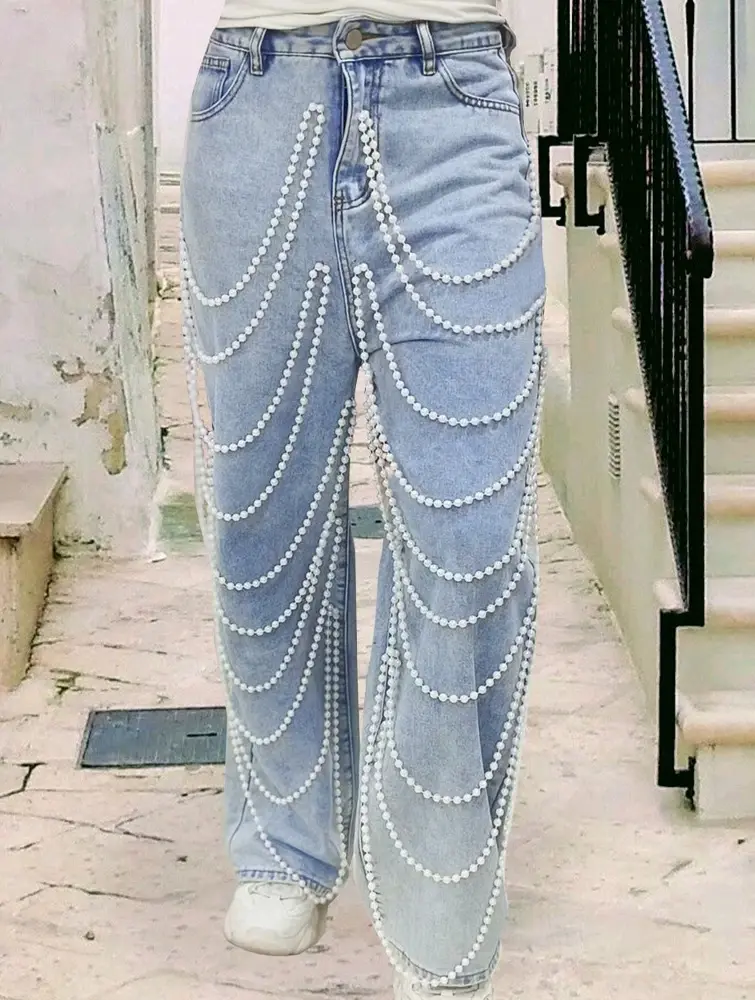 Straight Pants Women Jeans High Waist Beading Washed Distressed Vintage Mom Pockets Button 2025 Streetwear Y2k Denim Trousers