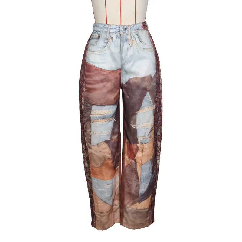 Denim Pant Women Jeans Chain Print Wide Leg Long Pants High Waist Straight Trousers Y2k Streetwear Elegant Splice Casual 2025