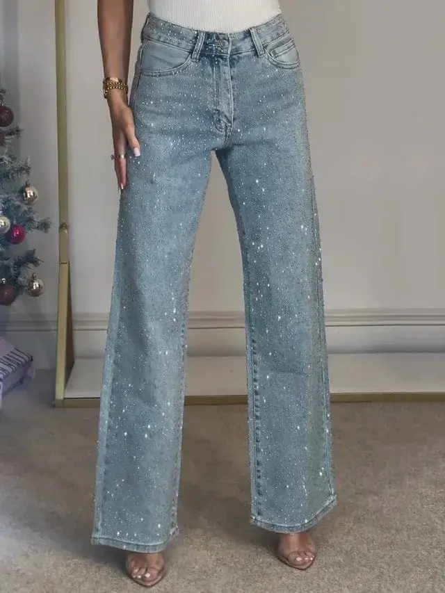 Jeans for Women Straight Diamonds Pants Stretch High Waist Washed Mom Jeans Vintage Denims Streetwear Y2k Streetwear Trousers