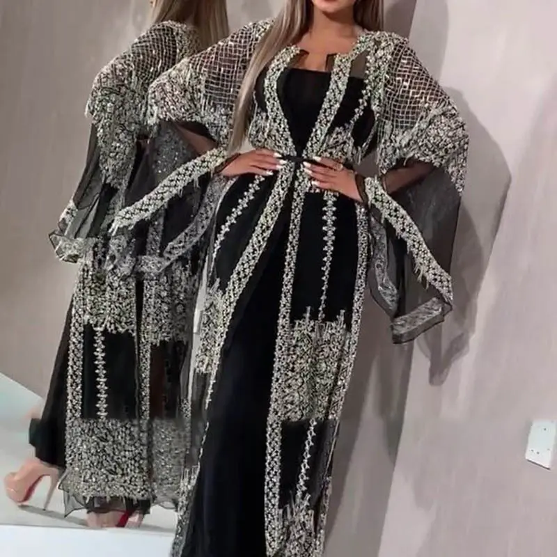 Evening Women's Dress Yellow Sprinkled Gold Sequin Dress Elegant Slim Ladies Fashion Gauze Long Sleeve Dresses Tail Hem Vestidos