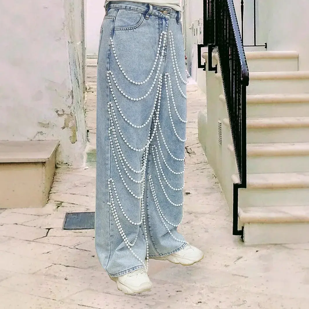 Straight Pants Women Jeans High Waist Beading Washed Distressed Vintage Mom Pockets Button 2025 Streetwear Y2k Denim Trousers