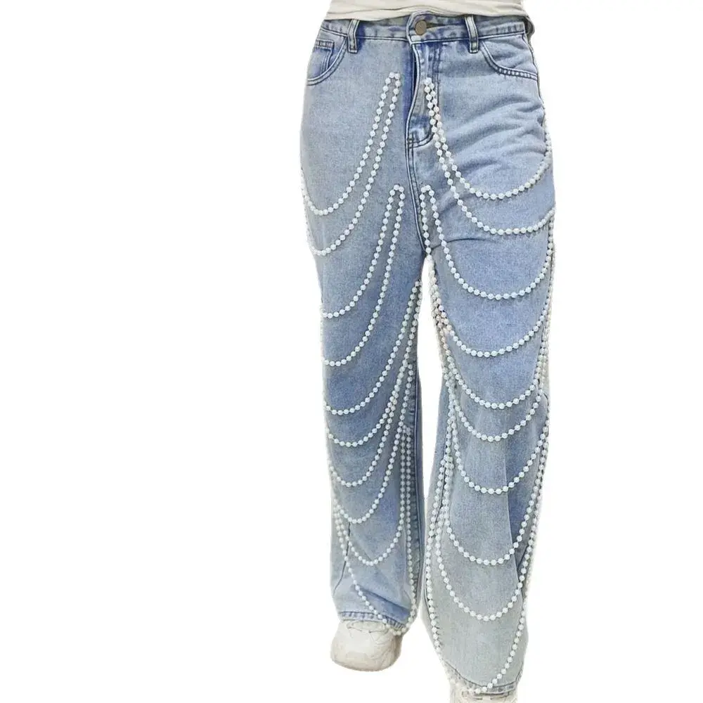 Straight Pants Women Jeans High Waist Beading Washed Distressed Vintage Mom Pockets Button 2025 Streetwear Y2k Denim Trousers