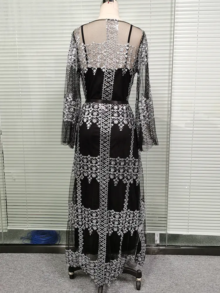 Evening Women's Dress Yellow Sprinkled Gold Sequin Dress Elegant Slim Ladies Fashion Gauze Long Sleeve Dresses Tail Hem Vestidos