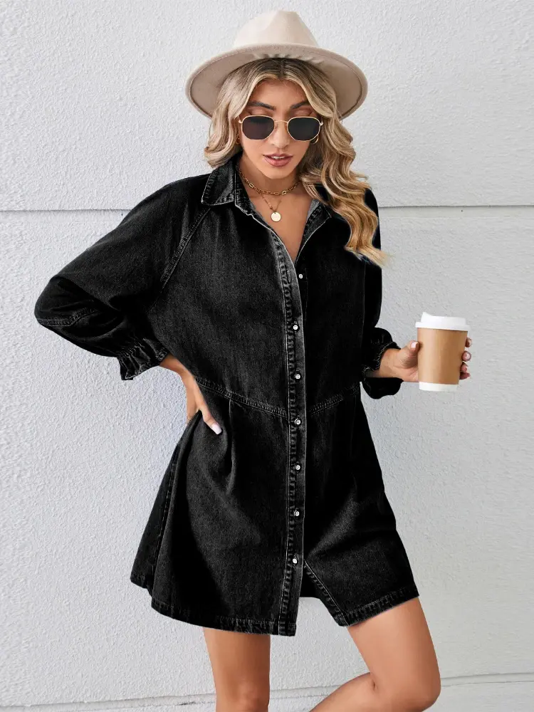 Women Dresses Long Sleeve Single Breasted Denim Dress Vestidos Spliced Washing Pockets Basics Loose Fit Solid Button 2025