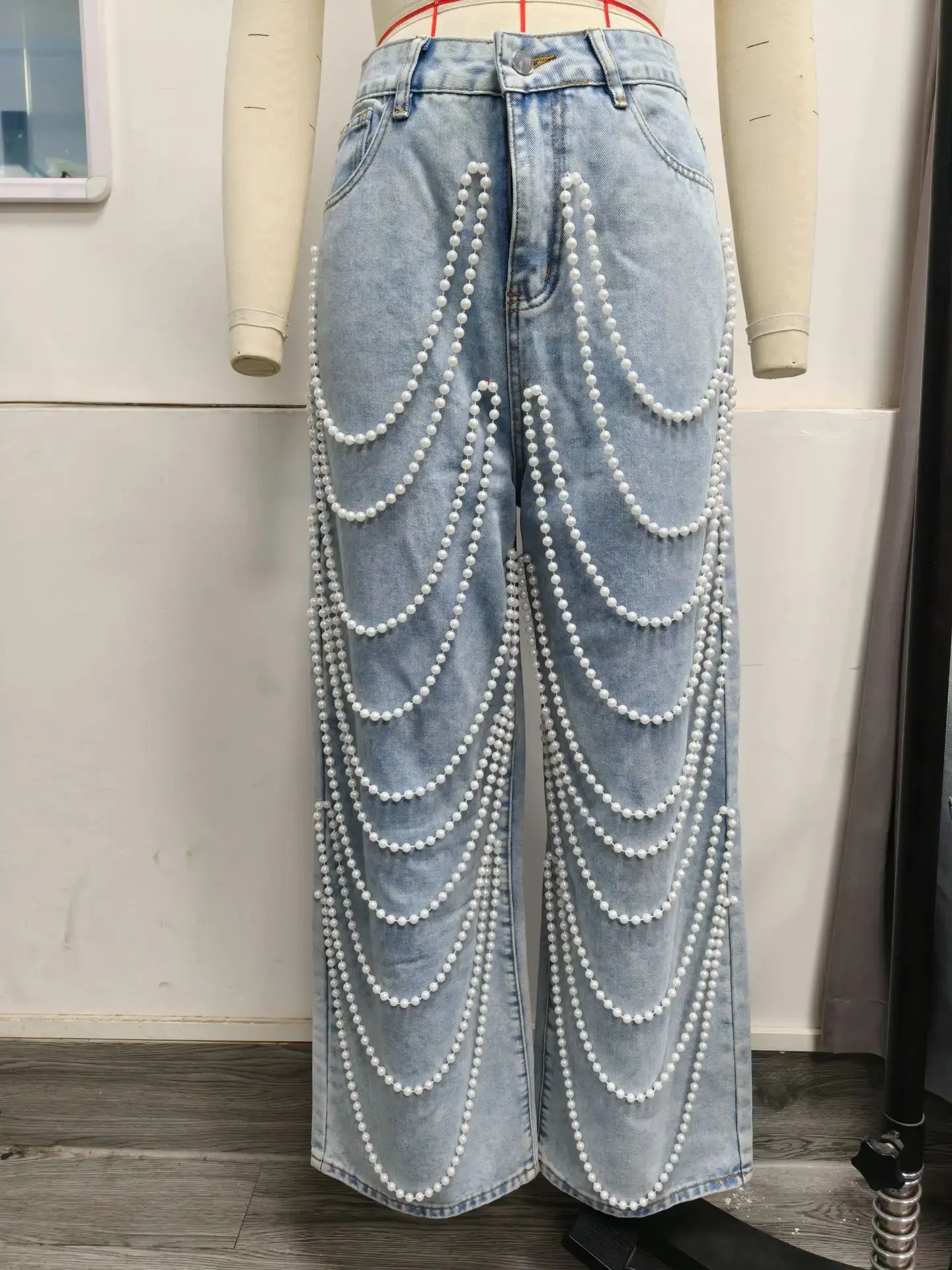 Straight Pants Women Jeans High Waist Beading Washed Distressed Vintage Mom Pockets Button 2025 Streetwear Y2k Denim Trousers