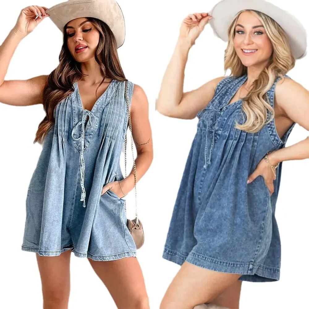 Rompers Women One Piece Jeans Shorts V Neck Lace Up Sleeveless Washed Distressed Overalls Short Pants Streetwear Playsuits