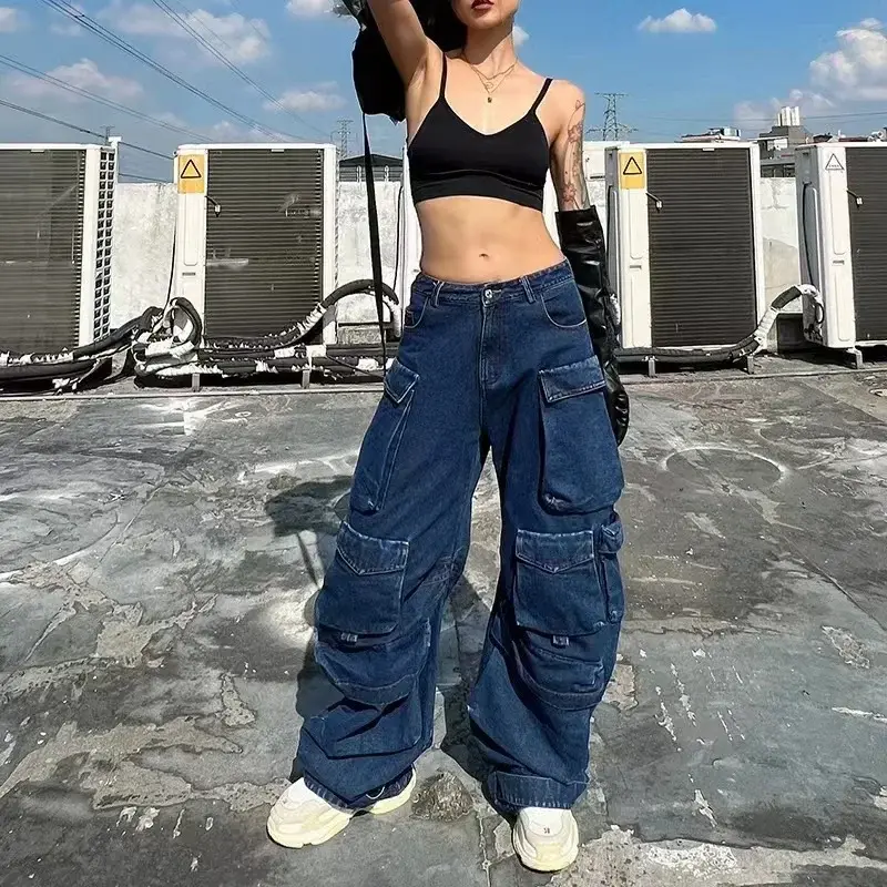 Women Jeans Denim Cargo Pants Long Pant Wide Leg High Waist Button Pockets Streetwear Y2k Mom Straight Trousers Casual Loose