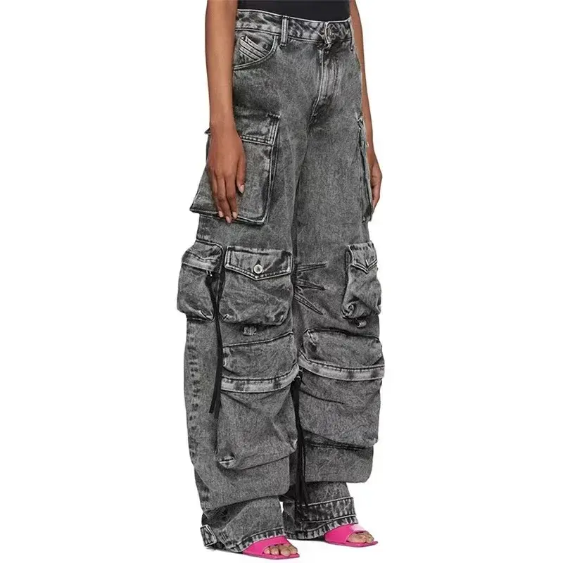 Women Jeans Denim Cargo Pants Long Pant Wide Leg High Waist Button Pockets Streetwear Y2k Mom Straight Trousers Casual Loose