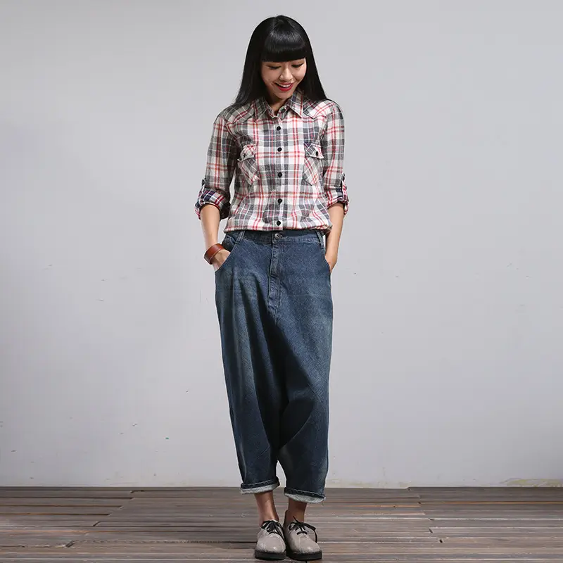 Harem Denim Pants Women Vintage Jeans Spliced Pockets Streetwear Loose Jean Washed Zipper Fly Distressed Ankle Length 2024