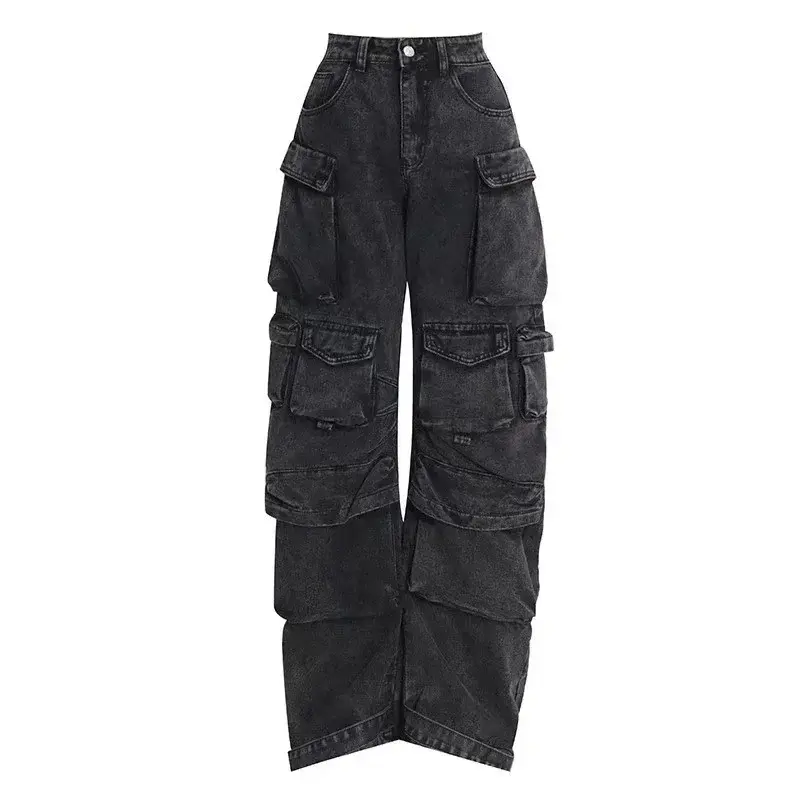 Women Jeans Denim Cargo Pants Long Pant Wide Leg High Waist Button Pockets Streetwear Y2k Mom Straight Trousers Casual Loose