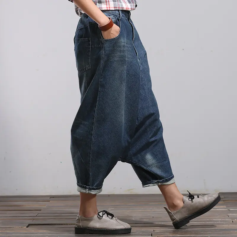 Harem Denim Pants Women Vintage Jeans Spliced Pockets Streetwear Loose Jean Washed Zipper Fly Distressed Ankle Length 2024
