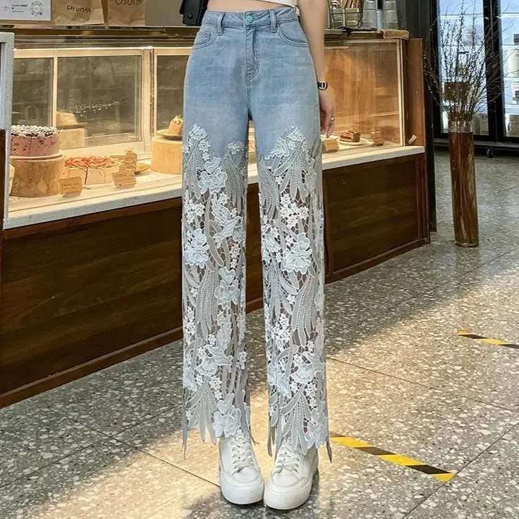 Denim Pant Women Jeans Hollow Out Floral Long Pants Slim Lace High Waist Straight Trousers Y2k Streetwear Splice Mom Party Club