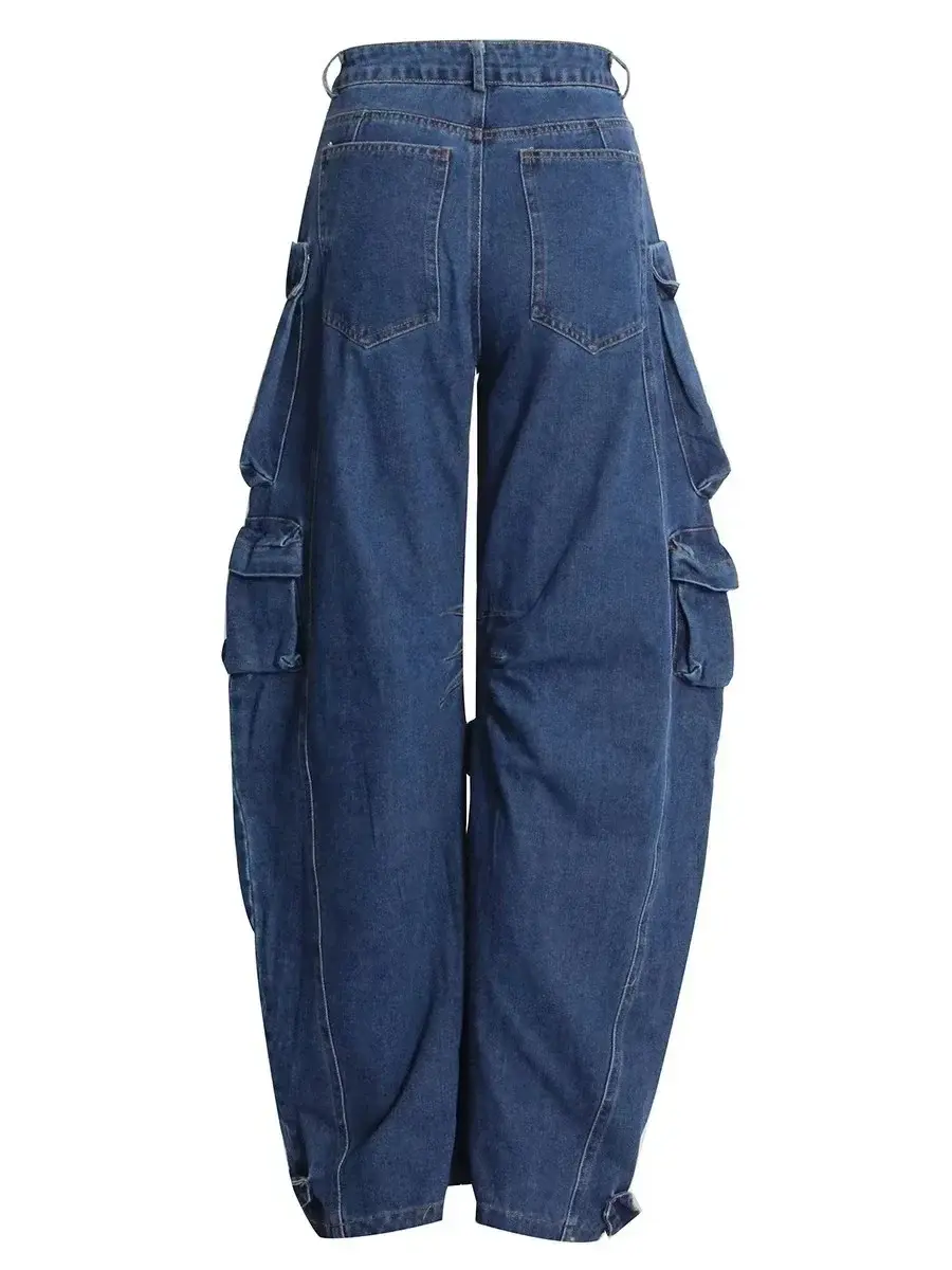 Women Jeans Denim Cargo Pants Long Pant Wide Leg High Waist Button Pockets Streetwear Y2k Mom Straight Trousers Casual Loose